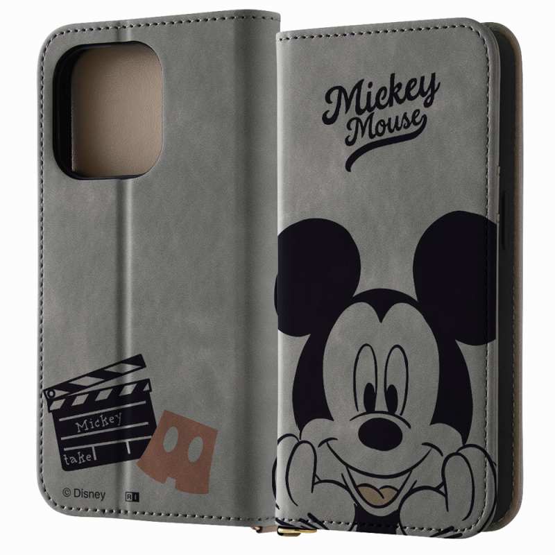 iPhone15Pro/ディズニー/手帳型レザーケースRaffine/ミッキーマウスとカチンコ
