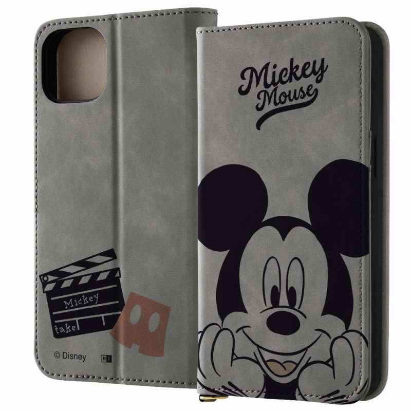 iPhone15Plus/ディズニー/手帳型レザーケースRaffine/ミッキーマウスとカチンコ